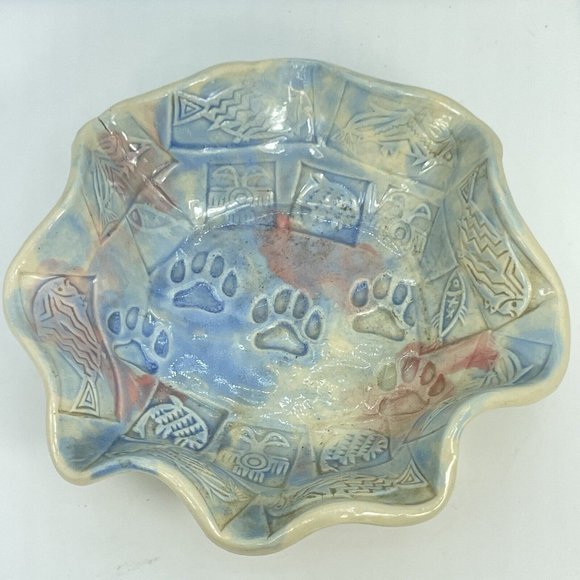 Empty Bowls Art Pottery Stoneware Bowl Blue Tan Pink Paws Fish Spots Signed 2015 - Picture 1 of 10